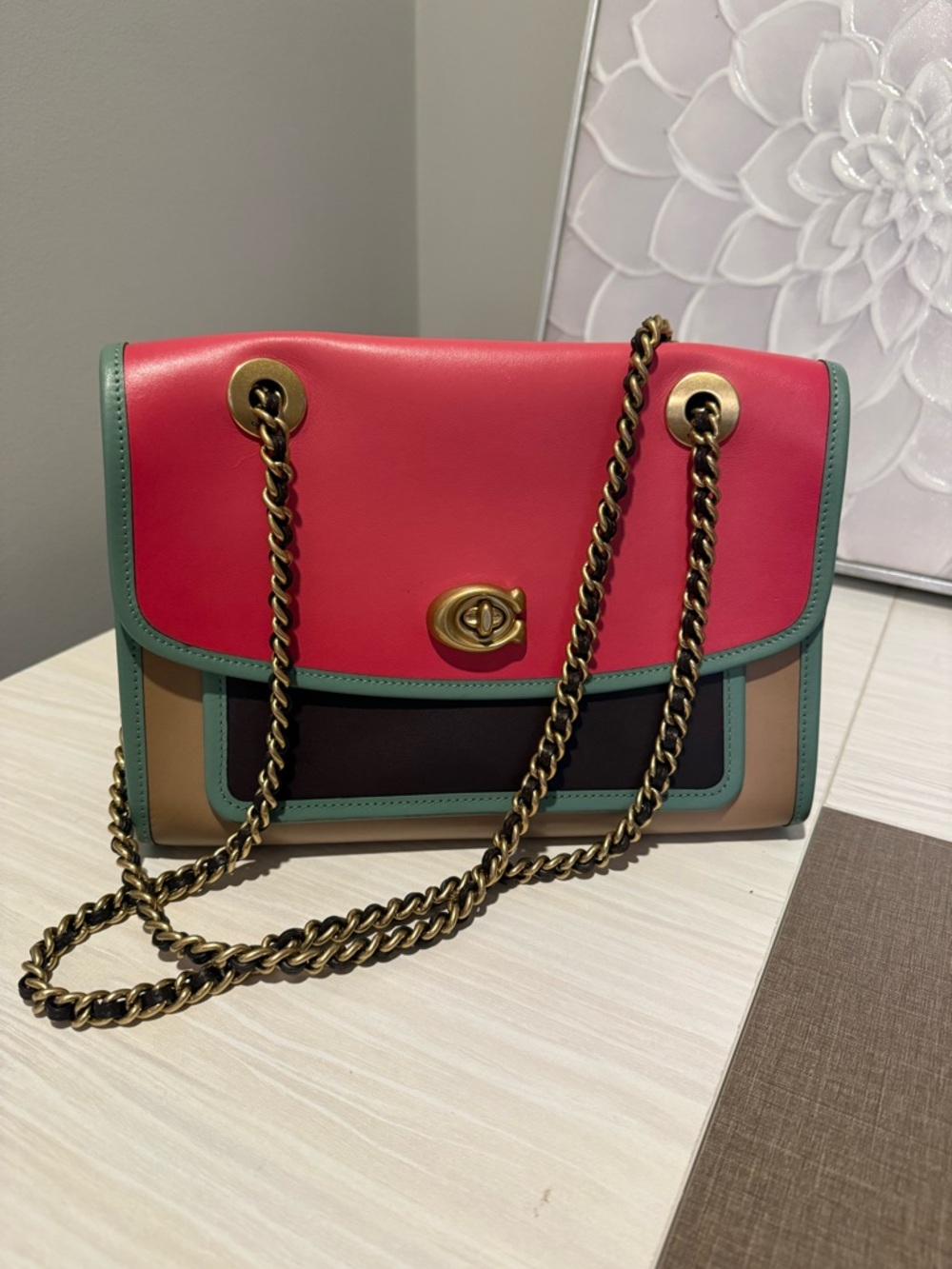 Coach Soft Parker Colorblock Leather Shoulder Bag in Pink and Green